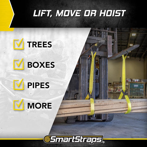 Beefy 2x6 Nylon Webbing Sling 6,400 Lb Vertical Lifting Capacity shown lifting wooden boards with forklift in warehouse