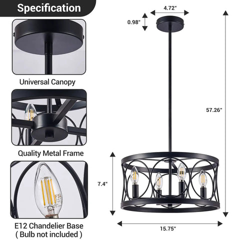 Dope Modern Farmhouse Black Drum Chandelier Light Fixture for Dining Room Living Room Entryway and Bedroom dimensions