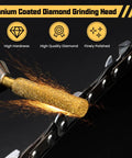 Close-up of a 24 Pieces Diamond Chainsaw Sharpener Bit Titanium Plated, grinding a chainsaw blade, sparks flying.