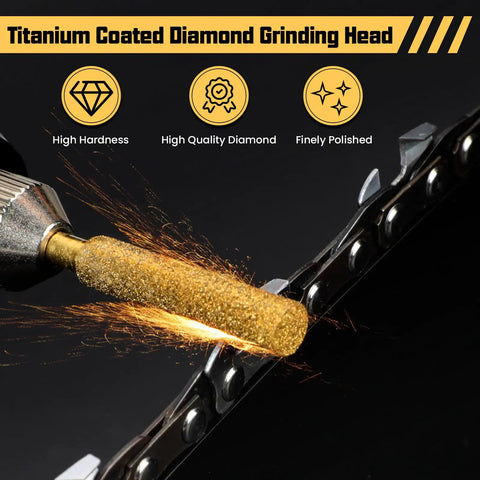 Close-up of a 24 Pieces Diamond Chainsaw Sharpener Bit Titanium Plated, grinding a chainsaw blade, sparks flying.