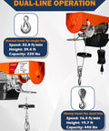 Electric Hoist With Wireless Remote Control 440 880 1320 2200 Lbs Lift Capacity For Garage Ceiling Crane Zinc Plated Steel Hoist With Emergency Stop Switch showing orange dual-line operation and hooks