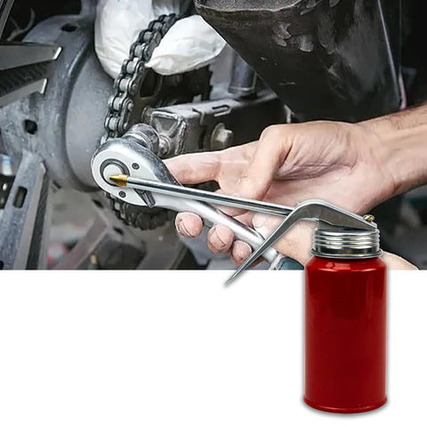 Metal hand-pump oil can with long chrome nozzle and brass tip used to oil a motorcycle chain.