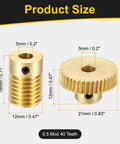 Brass worm gear set: 40-tooth gear (21mm dia, 5mm bore) and worm (12mm dia, 5mm bore) for right-rotation drive.