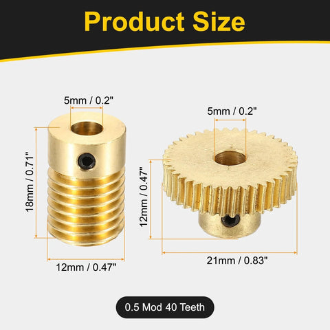 Brass worm gear set: 40-tooth gear (21mm dia, 5mm bore) and worm (12mm dia, 5mm bore) for right-rotation drive.