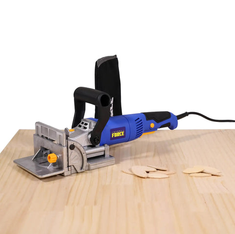 No Sweat Lightweight Electric Biscuit Jointer 760W on a wooden surface with cut wood pieces nearby, designed for quick joinery.
