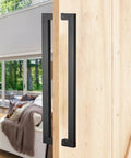 Side view of Push Pull Barn Door Handle Set Black Finish Heavy Duty Sliding Door Hardware With Full Install Tools Built To Last Easy Two Hole Mount Durable Aluminum Construction Ideal For Kitchen Shower Living Room.