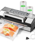 LIWUNON vacuum sealer, front view; stainless steel/black body, seals salmon in bag; includes 2 BPA-free rolls and hose.