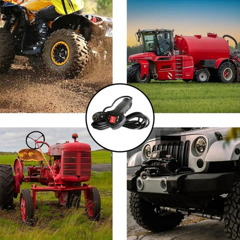 3 Pin Male Plug Electric Winch Remote Controller With 11.48 Foot Connector Cable Easy Install Plug And Play For Atv Utv Off Road Vehicle Black Housing Durable Plastic Build Reliable Performance displayed with ATV, tractor, and UTV.