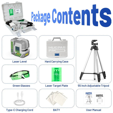 Green Laser Level With 55 Inch Tripod, Self Leveling 150 Ft Range, Pulse Mode Up To 200 Ft, Cross Line Tool For Picture Hanging, Tile, DIY And Construction, Rechargeable, Hard Case package contents