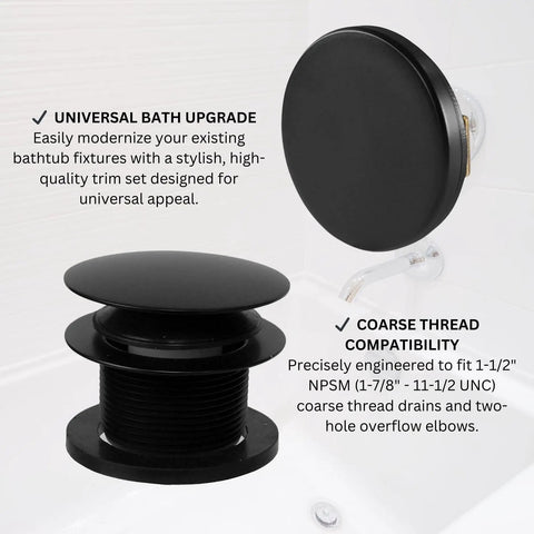 Mushroom Toe Drain Tub Trim Set with Floating Faceplate in Dope Matte Black Finish, showing toe-activated drain and faceplate, angled view