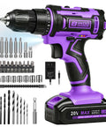 20V Cordless Drill With Fast Charging Battery And Keyless Chuck Purple Built Like A Tank showing drill, screwdriver bits, and accessories.