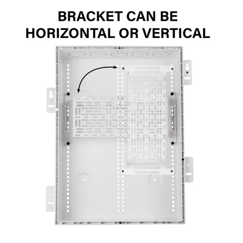 Five Inch Universal Mounting Plate With 1.5 Inch Elevation For Routers Modems And Network Hubs Inside Structured Wiring Panels White interior view with adjustable bracket.