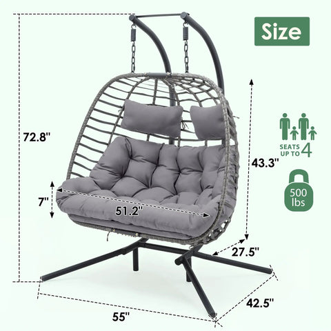 Double Egg Swing Chair With Stand For Outdoor Patio Hand Made Rattan Wicker Two Hanging Egg Chairs Hammock Chair With UV Resistant Cushions And Solid Metal Frame, Porch Loveseat For Backyard Chill measuring 51.2 inches wide, shown with gray cushions.