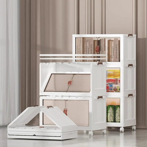 Top Shelf Clear Lidded Storage Bins 19 5 Gallon No Sweat Foldable Crates For Dorm Closet And Car Organization Heavy Duty Collapsible Containers Easy Stack 3 Pack Set with white design and clear lids.