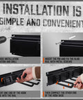 Installation guide for Heavy Duty Garage Wall Rack System with 4 steel rails, shows drilling and pin insertion process.