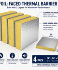 Top Notch Mineral Wool Acoustic Insulation Panels With Heavy Duty Aluminum Foil Backing Sound Dampening Heat Barrier 4 Pack, 24x24x1.6 Inch.