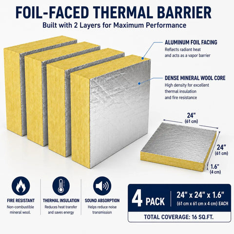 Top Notch Mineral Wool Acoustic Insulation Panels With Heavy Duty Aluminum Foil Backing Sound Dampening Heat Barrier 4 Pack, 24x24x1.6 Inch.