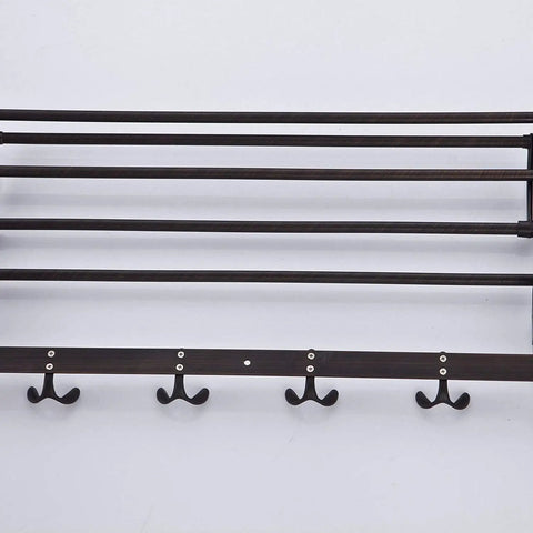Oil Rubbed Bronze Wall Mounted Towel Rack With Foldable Bar And Shelf Four Hooks Heavy Duty Bathroom Organizer Durable Finish