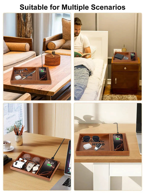 Valet Tray With Integrated Wireless Charger For Dad Youre My Hero Engraved EDC Nightstand Organizer For Men Catchall Tray For Phone Watch Keys Aesthetic Office Desk Accessory Brown on various surfaces