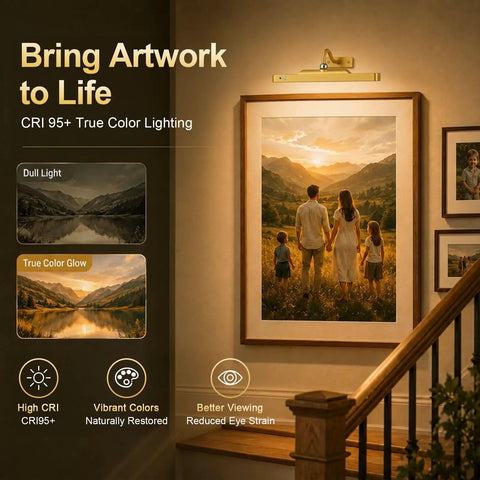 Premium Rechargeable Motion Sensor Picture Light Gold Wall Mounted Frame Illuminator illuminating art with warm true color glow.