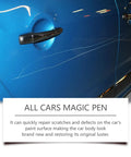 Your Go To Instant Car Scratch Eraser Pen For Quick Touch Ups And Invisible Swirl Mark Fixes On Any Finish No Sweat Auto Detailing Tool showing scratches on blue car door.