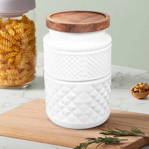 Sweet Matte White Glass Jars With Smooth Bamboo Lids Rock Solid Airtight Food Storage Containers For Kitchen Coffee Beans Cereal And Spices Organization 1800Milliliter Two Piece Bundle on wooden board.