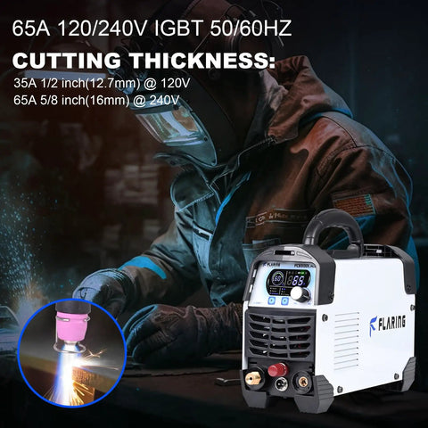 Worker using 65 Amp Non Touch Pilot Arc Plasma Cutter for Home Shop Use 120 and 240V Dual Voltage with Digital Display