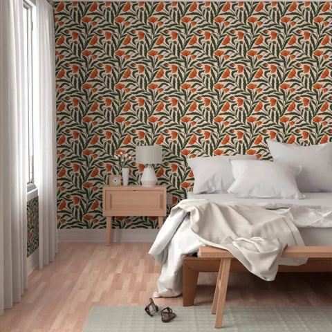 Top Shelf Botanical Chintz Matte Wallcovering With A Crisp Linen Texture PVC Free Durable Coating in a cozy bedroom setting.