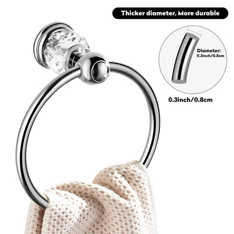 Slick Chrome Towel Ring With Crystal Accent, Flexible 180 Degree Rotating Wall Mounted Bath Hand Towel Holder, Silver Towel Rack