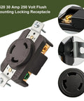 Rock Solid Heavy Duty 30 Amp Flush Mount Locking Receptacle Featuring Nema L630R Twist Lock Plug Socket showing 30A 250V features.