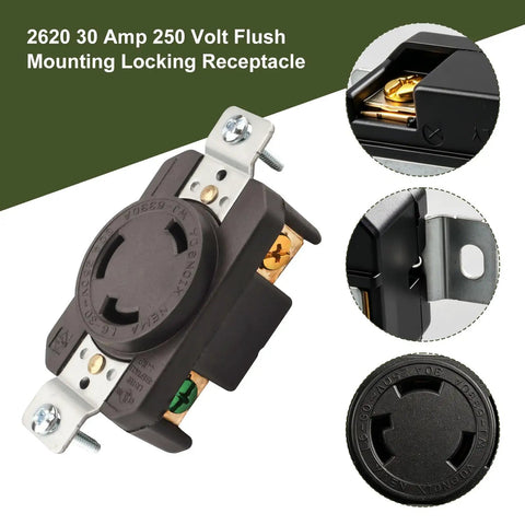 Rock Solid Heavy Duty 30 Amp Flush Mount Locking Receptacle Featuring Nema L630R Twist Lock Plug Socket showing 30A 250V features.