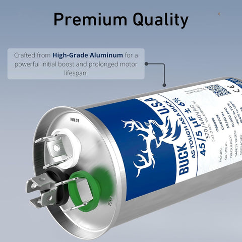 Dual Run Capacitor 45 And 5 MFD 6 Percent Tolerance CBB65B For HVAC Systems, showing labeled terminals and aluminum body.