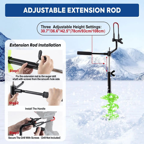 7 Inch Nylon Ice Drill Auger With 41 Inch Length And 19.6 Inch Extension Rod shown with adjustable height settings and drill installation steps.