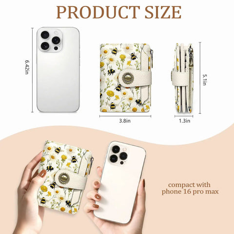 Floral Bee Small Wallet For Women with phone comparison, showing compact size and floral design against smartphone.