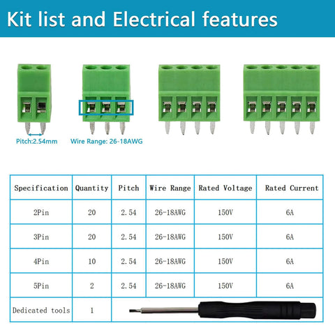 52 Piece 0.1 Inch Pitch Screw Terminal Block Kit With 2P 3P 4P 5P Connectors For 18 To 26 AWG Wire, 150V 6A Rating, PCB Mount