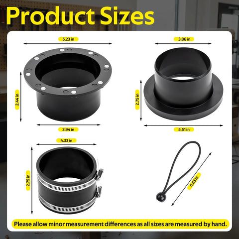 4-inch magnetic dust collection kit parts: magnetic connector, 2 steel port receivers, 2 rubber hose couplers, 2 bungee cords.