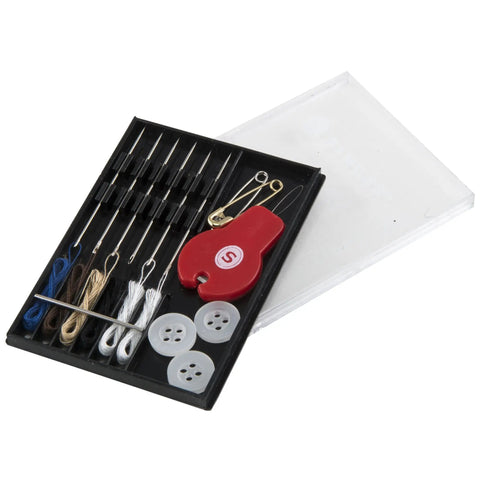 On The Fly Travel Sewing Kit Featuring Six Prethreaded Hand Needles A Sharp Needle Threader Cutter Three Spare Buttons And Two Dependable Safety Pins For Quick Wardrobe Fixes While You Are Out And About in a compact case.