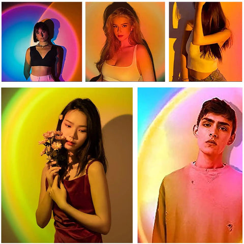 Model poses with colorful light from Sunset Projection Lamp 6W LED With 180 Degree Rotating Head, Wireless App Control And Remote, 16 Color Modes