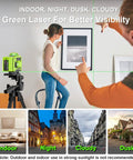 Person using a 360 Degree Self Leveling Laser Level With Tripod for Construction and Renovation indoors, laser projecting precise lines.