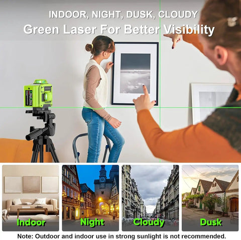 Person using a 360 Degree Self Leveling Laser Level With Tripod for Construction and Renovation indoors, laser projecting precise lines.