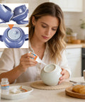 Woman using Fast Drying Ceramic Glue Adhesive For Porcelain And Tile Repairs on a ceramic bowl in a kitchen setting.