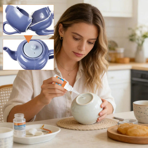 Woman using Fast Drying Ceramic Glue Adhesive For Porcelain And Tile Repairs on a ceramic bowl in a kitchen setting.
