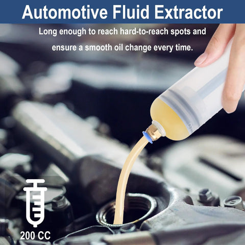 Close-up of a white 200cc automotive fluid extractor syringe in use, drawing oil from an engine fill port.