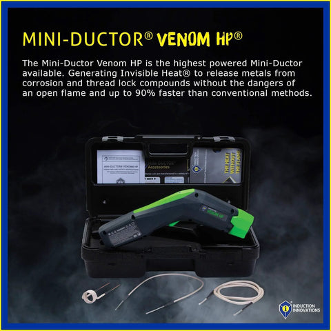 Front view of Mini-Ductor Venom HP MDV-787 handheld induction heater in a rugged case with coils.