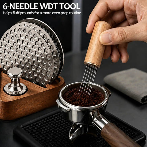 Wood handle WDT tool beside Three Pack 53 Point 3 Millimeter Espresso Puck Screen Kit For 54 Millimeter Portafilters
