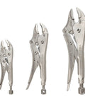 Curved Jaw Locking Pliers Set 3 Piece With 5 Inch, 7 Inch And 10 Inch Pliers for hex heads, nuts, pipes, tubing displayed vertically