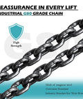 Heavy-duty steel chain links with teal High Strength shield graphic
