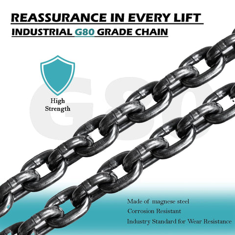 Heavy-duty steel chain links with teal High Strength shield graphic