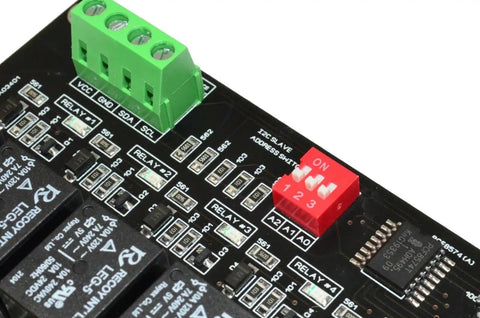 Close-up of Eight Channel I2C Relay Module for Arduino Raspberry Pi ESP32 and Home Assistant, showing SPDT contacts and circuit board details
