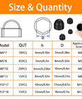 Size chart for Must-Have Dope Acorn Cap Nut Kit 190-Piece Set In Six Metric Sizes M4 M5 M6 M8 M10 M12 with nylon dome covers